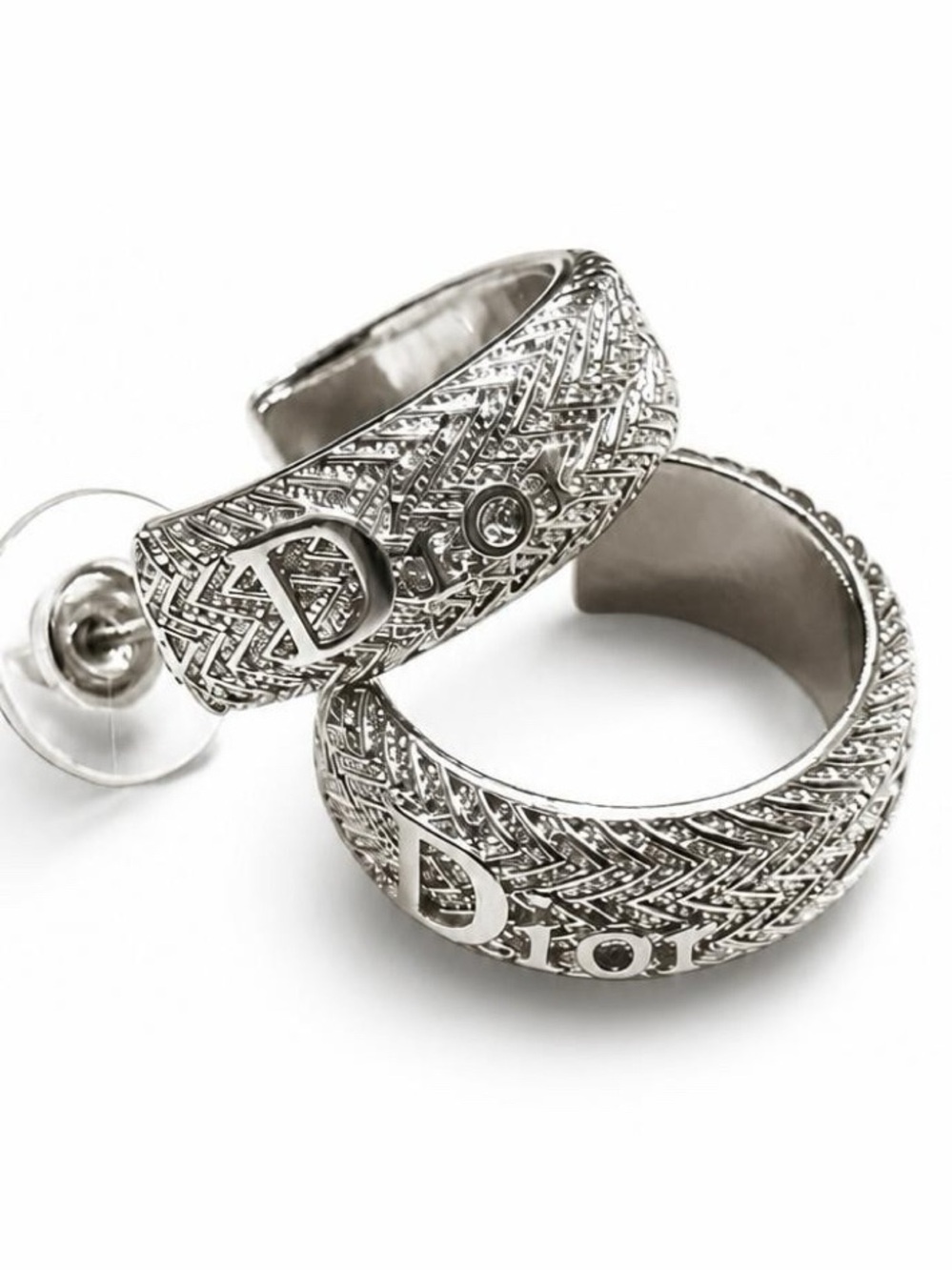 Silver tone/ Textured Hoop Earrings with Raised Letters Detail